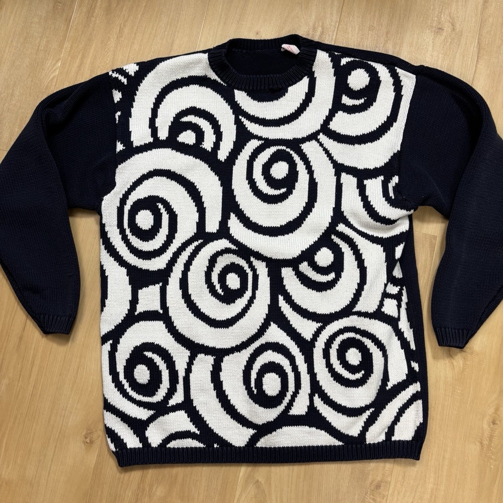 Vintage Liz & Co Navy Blue & White Retro Swirl Knit Sweater 100% Cotton Sz Small